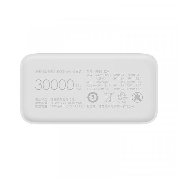 Внешний аккумулятор Xiaomi Mi Power Bank 3 PB3018ZM 30000 mAh (белый)