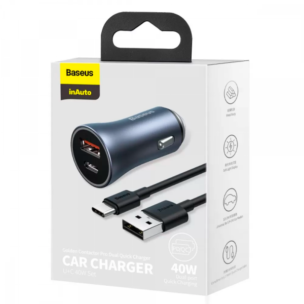 Автомобильное ЗУ Baseus Golden Contactor Pro Dual Quick Charger Car Charger 40W + кабель USB - Type-C 1m (TZCCJD-0G)